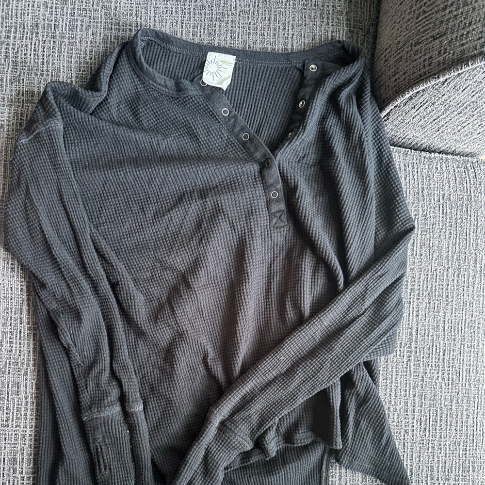 Black Waffle Knit Button-Up Top